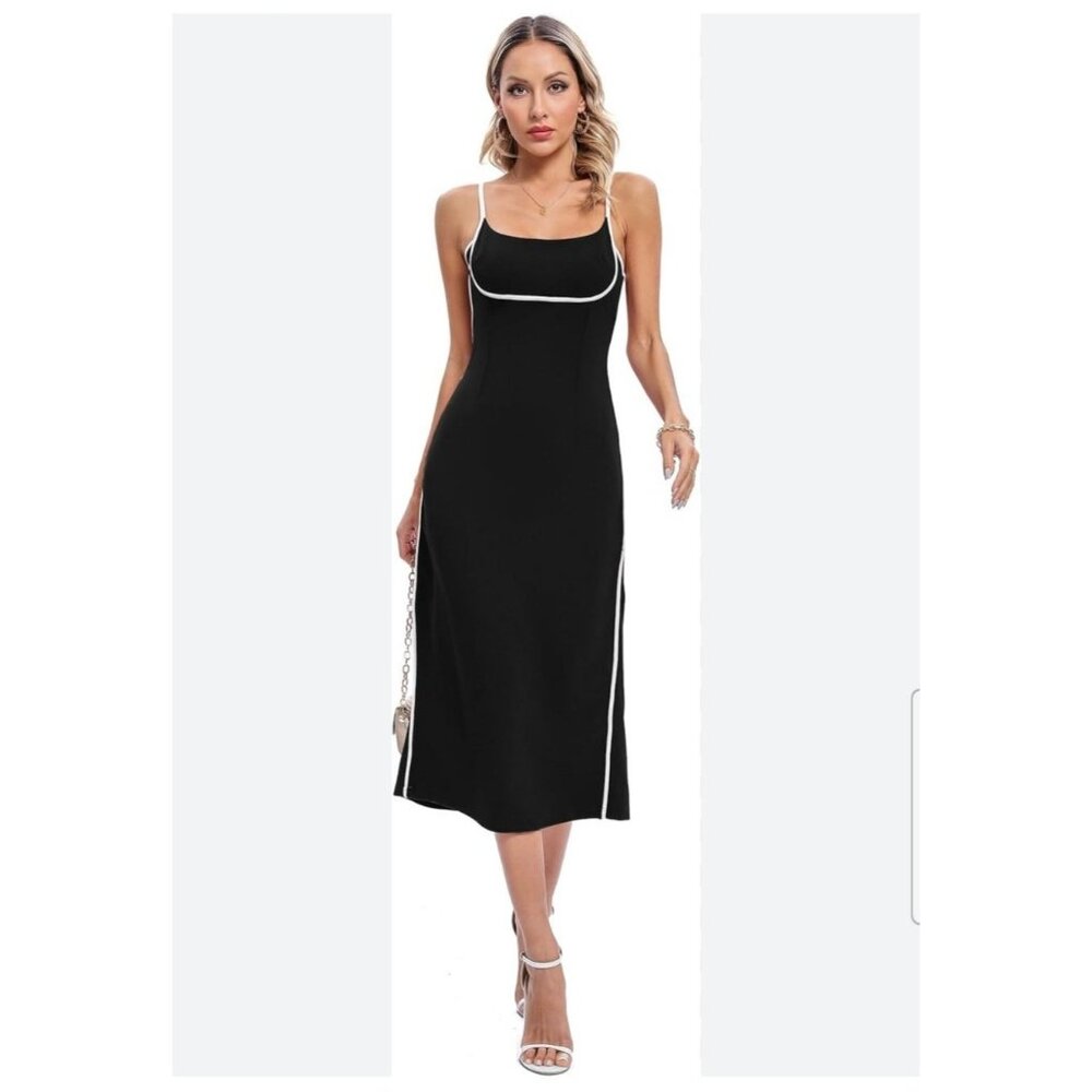 Womens Black Midi Dress Size XL With White Piping Spaghetti Straps & Back Slit